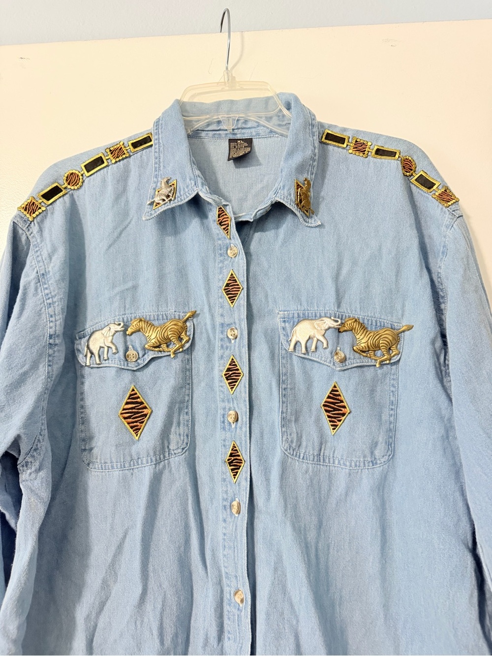 Vintage Embroidered Denim Shirt with Animal Embellishments